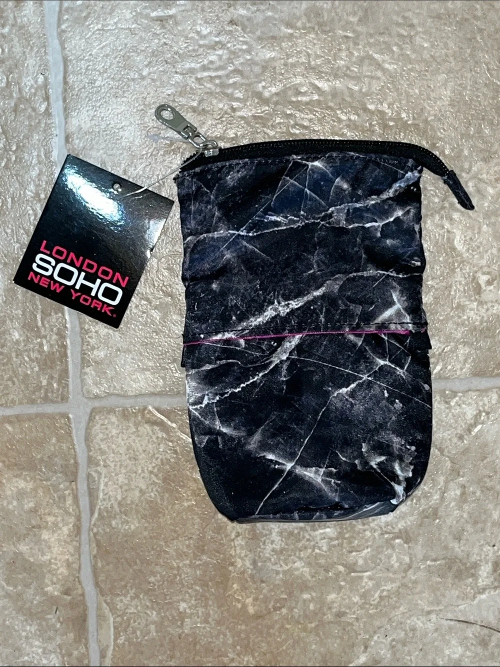 NWT London Soho Marble-Print Black Cosmetic Pouch with Zip